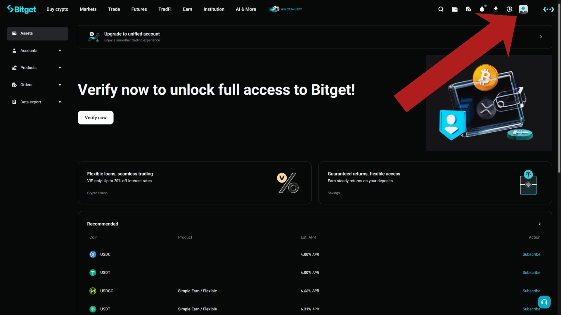 Bitget dashboard showing the Verify now banner and the profile icon in the top-right corner
