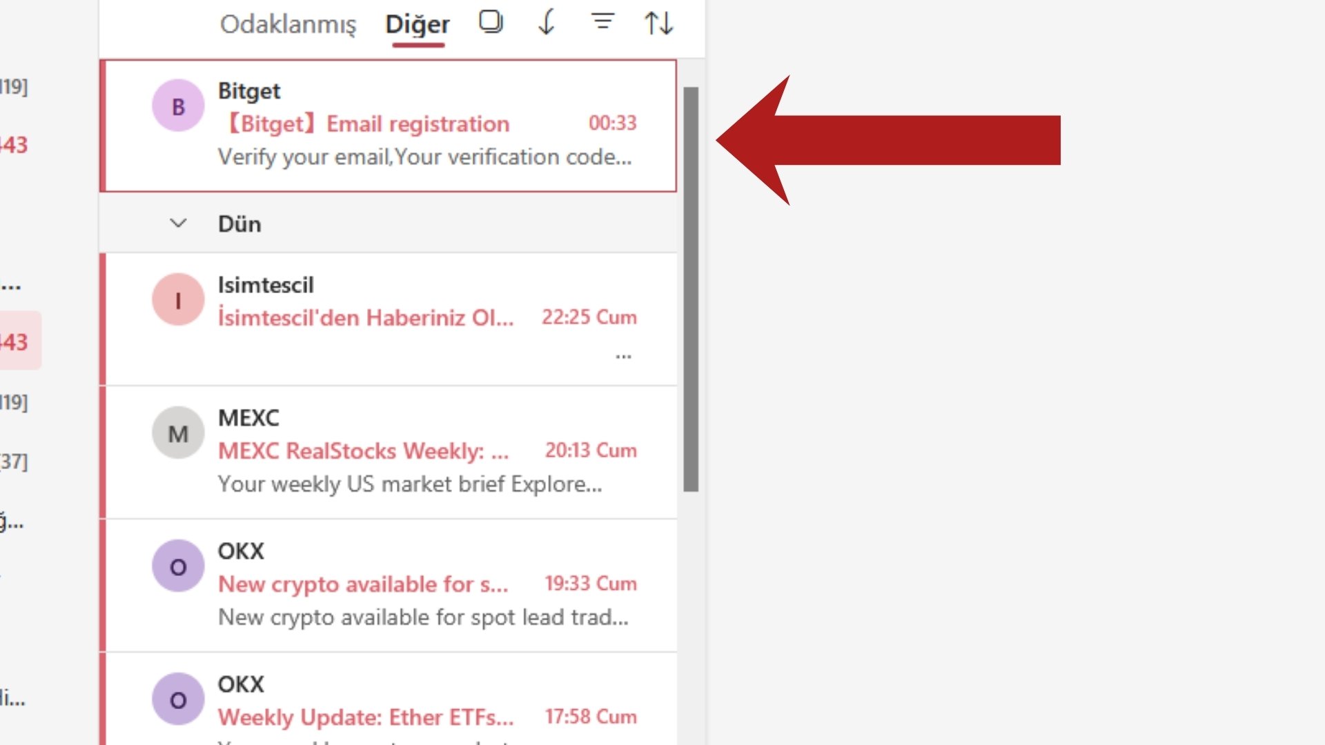 Bitget Email registration message at the top of an email inbox