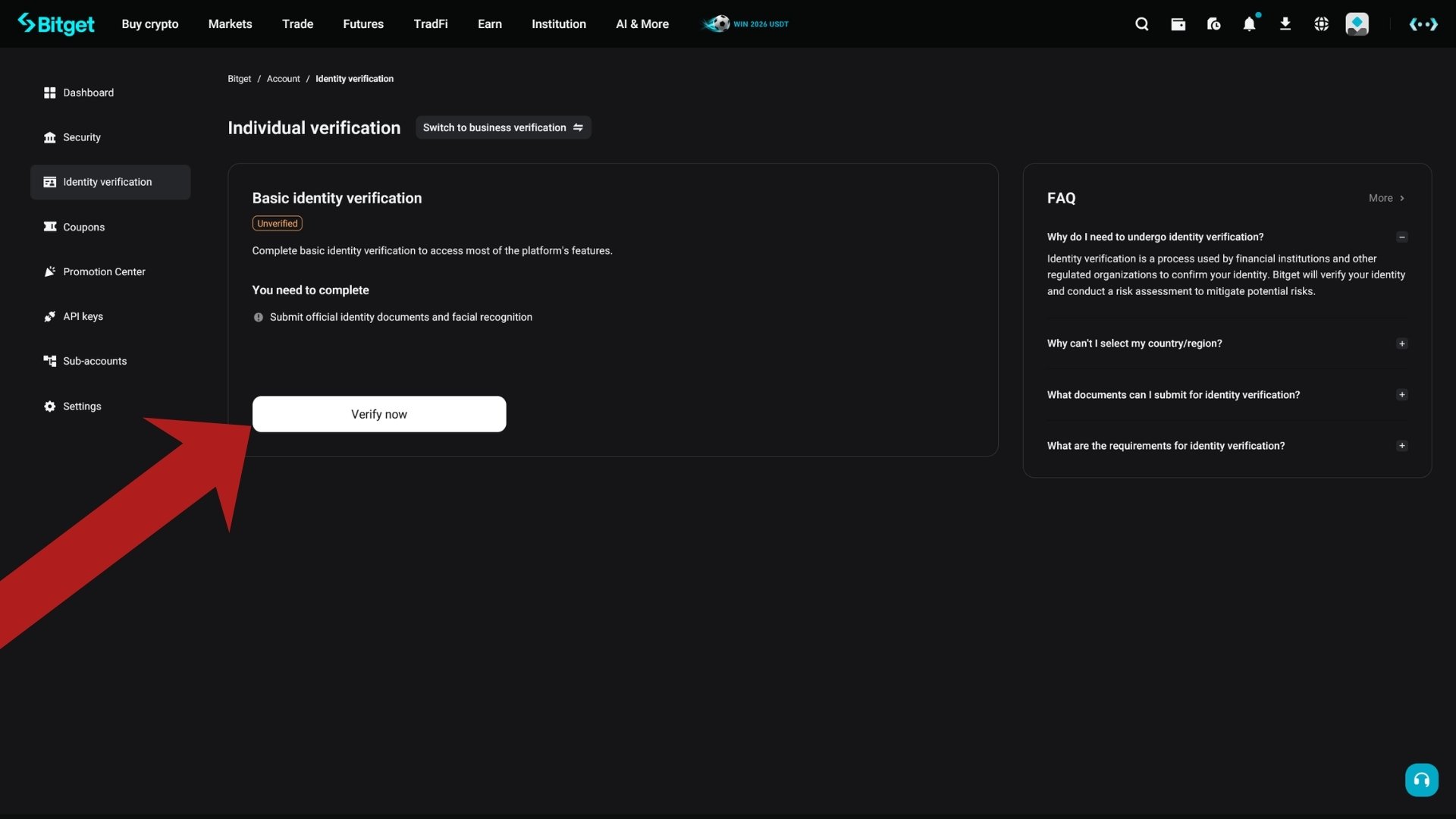 Bitget Individual verification page with the Verify now button highlighted