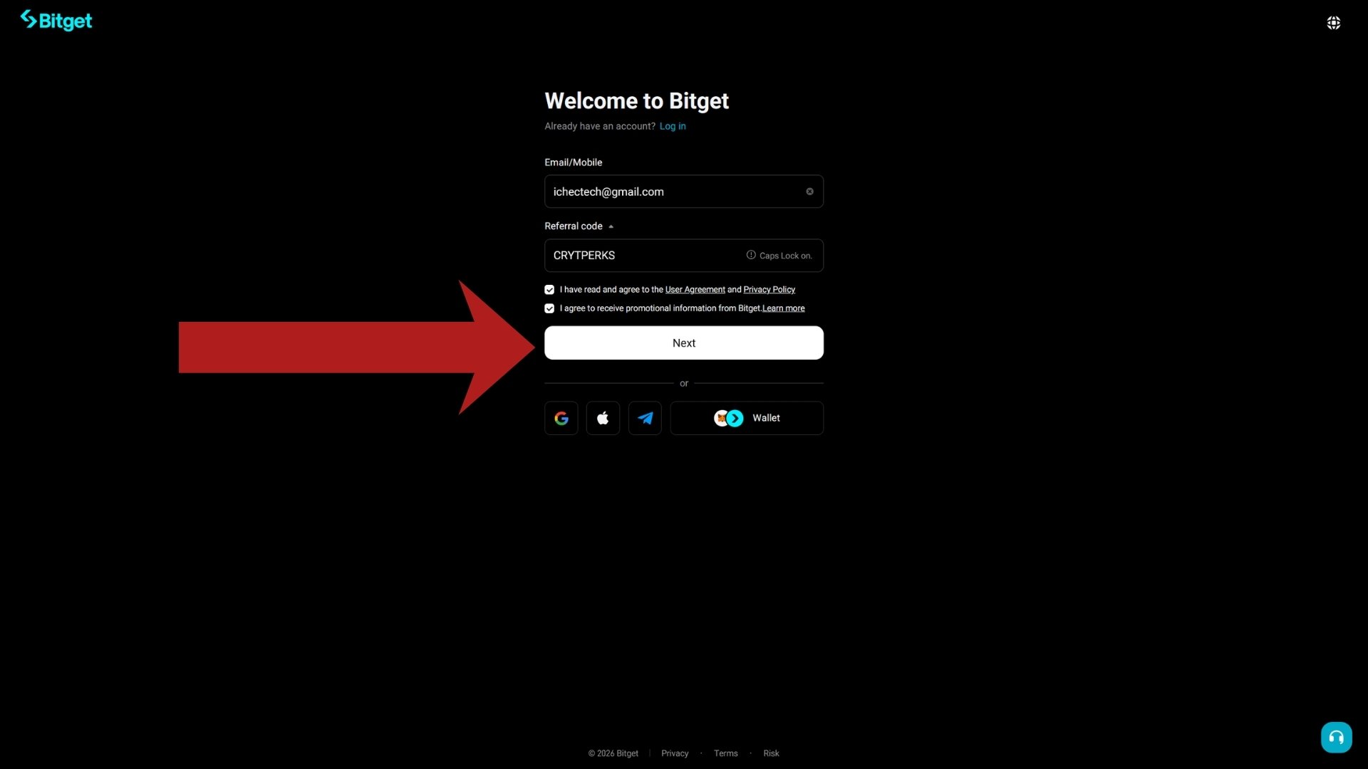 Next button highlighted on the Bitget sign-up form