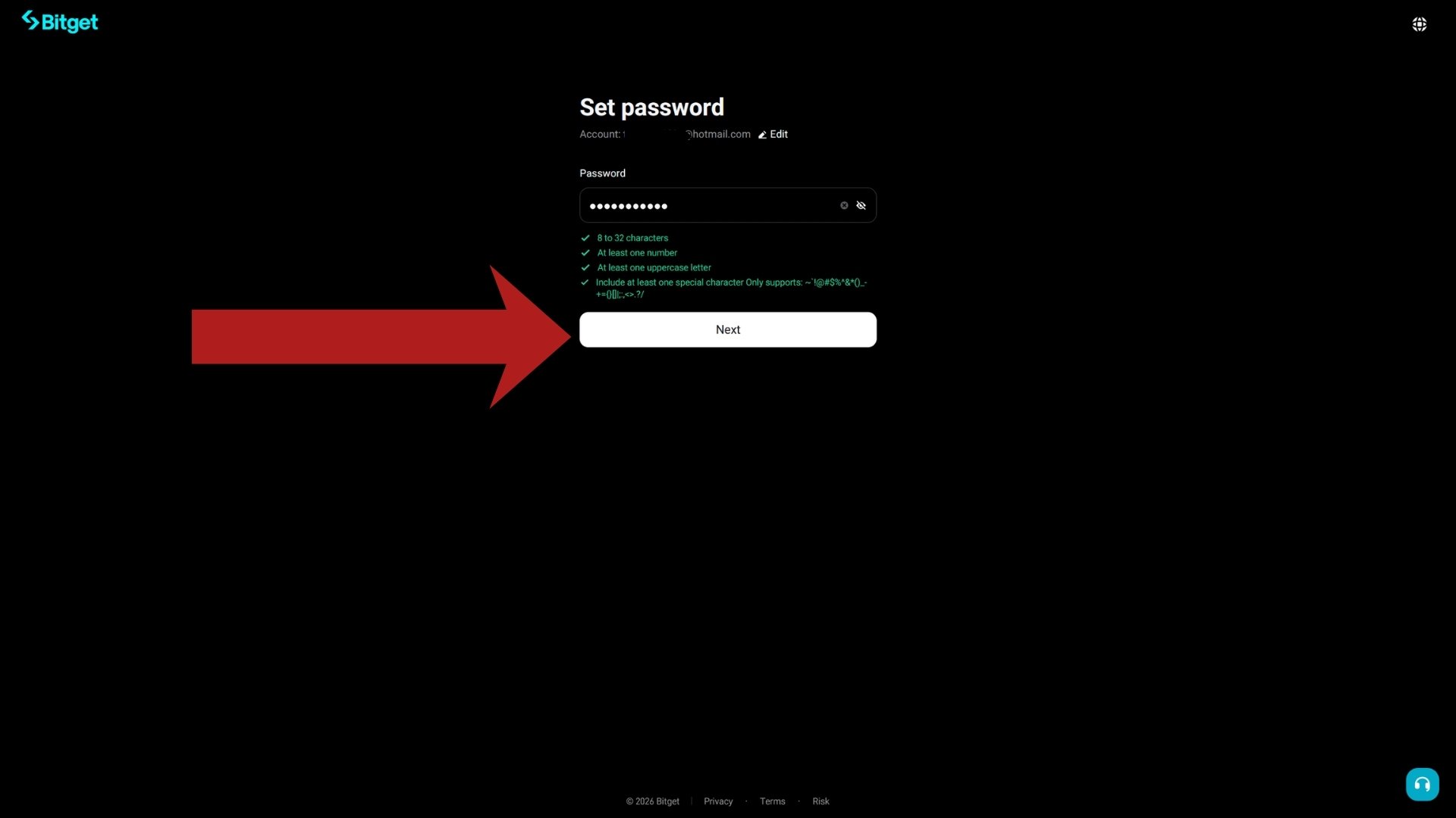 Next button highlighted below the completed password field on Bitget