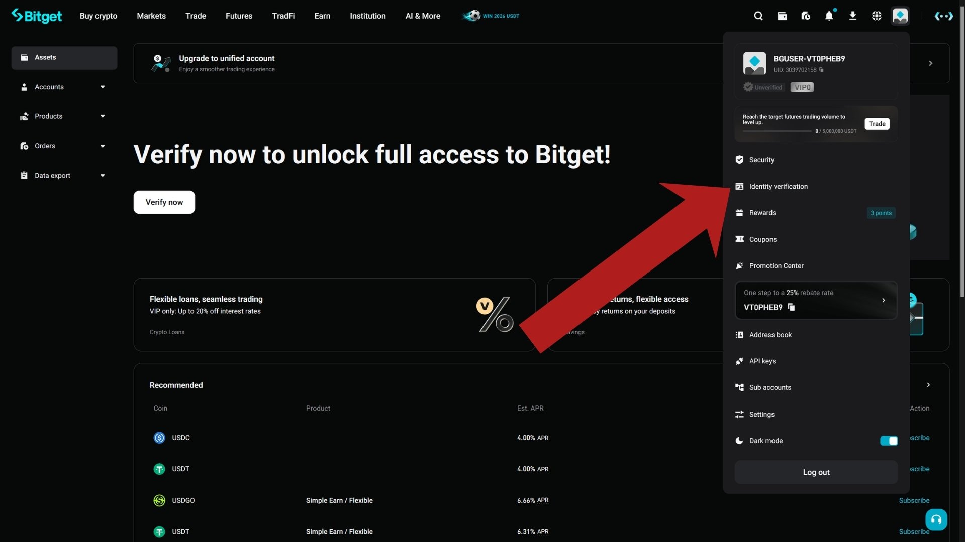 Bitget profile dropdown menu with Identity verification highlighted