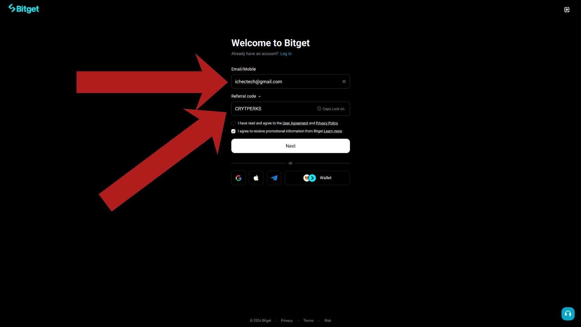 Bitget sign-up form with email entered and referral code CRYTPERKS filled in