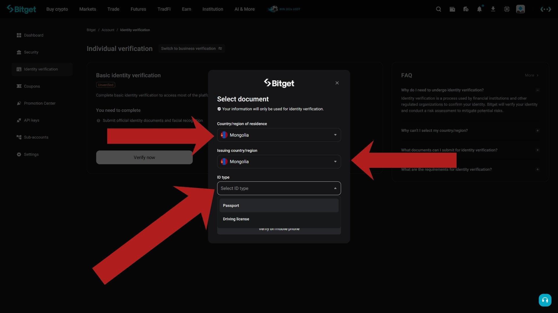 Bitget Select document dialog with country of residence, issuing country, and ID type dropdowns