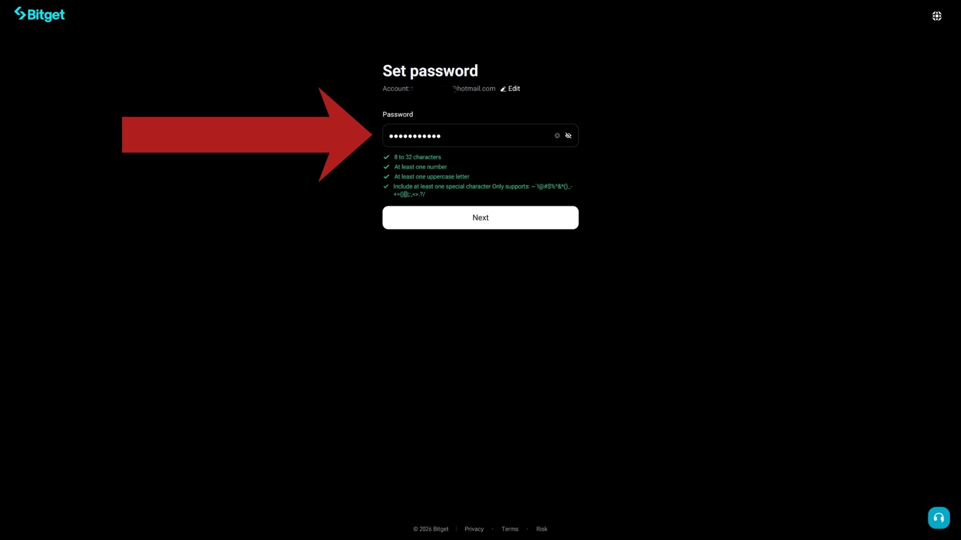 Bitget Set password screen with all four password requirements satisfied
