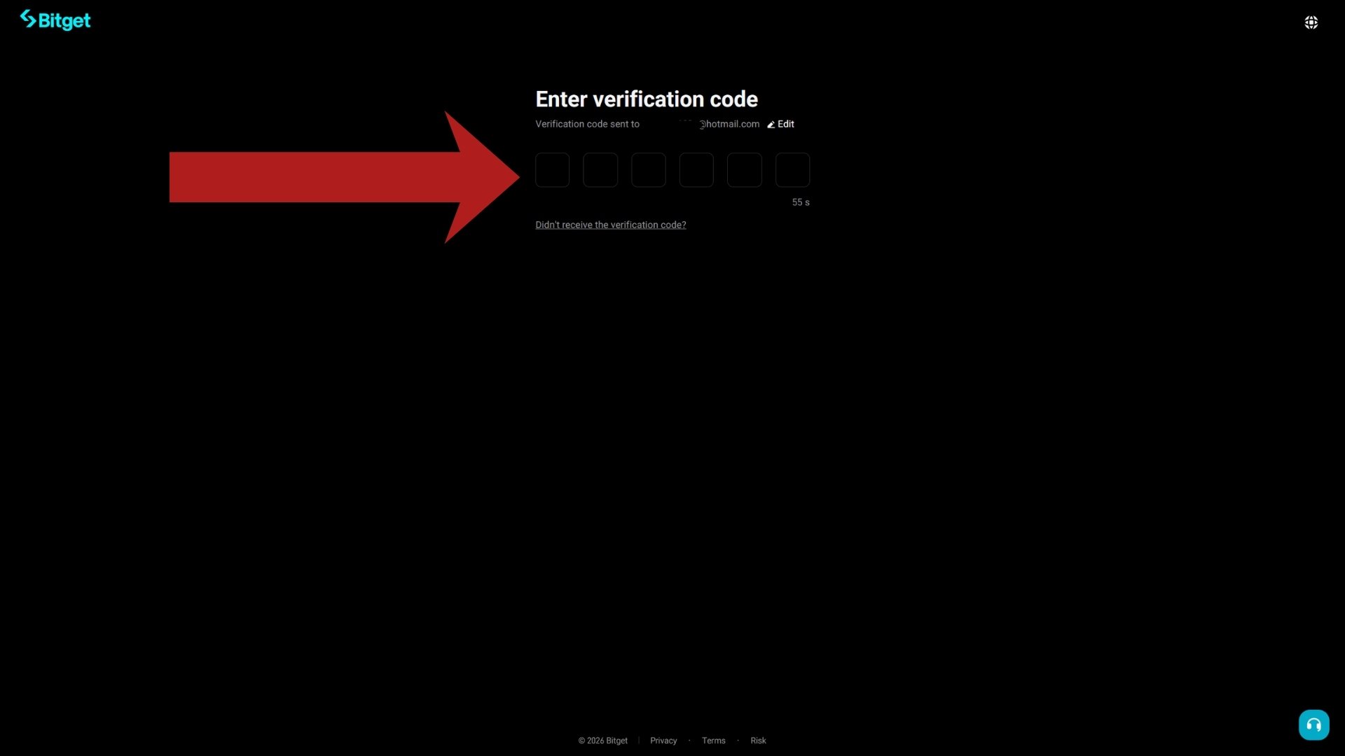 Bitget Enter verification code screen with six empty input boxes