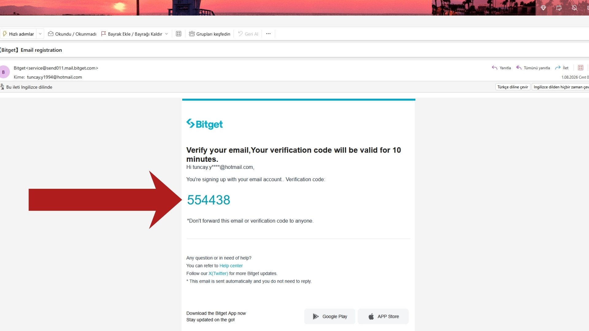 Bitget verification email showing the 6-digit code valid for 10 minutes