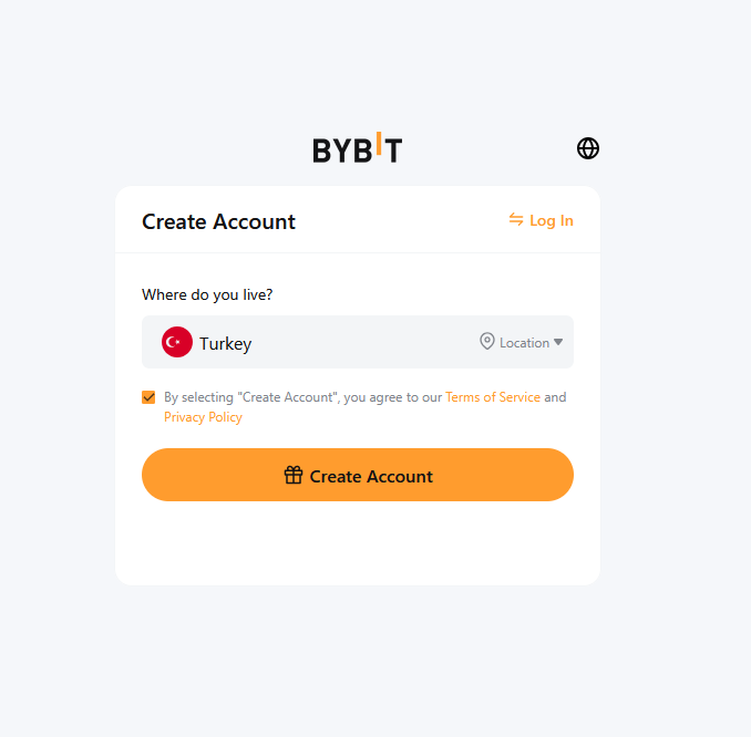Bybit Create Account screen showing country selection with Turkey selected