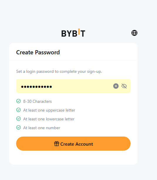 Bybit Create Password screen with password requirements: 8-30 characters, uppercase, lowercase, number