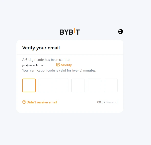 Bybit email verification screen showing 6 input boxes for the confirmation code