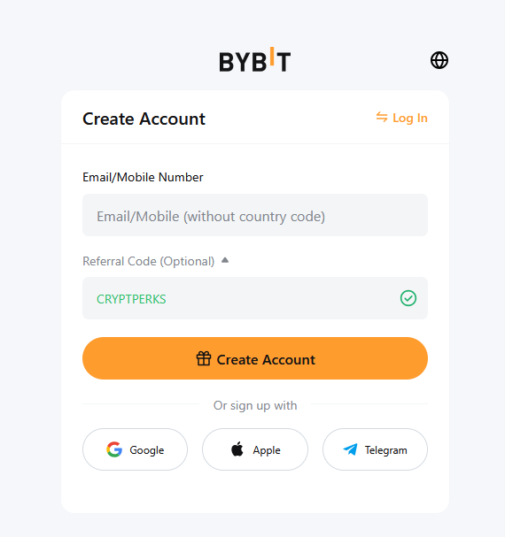 Bybit sign-up form with CRYPTPERKS entered in the referral code field and verified with a green checkmark