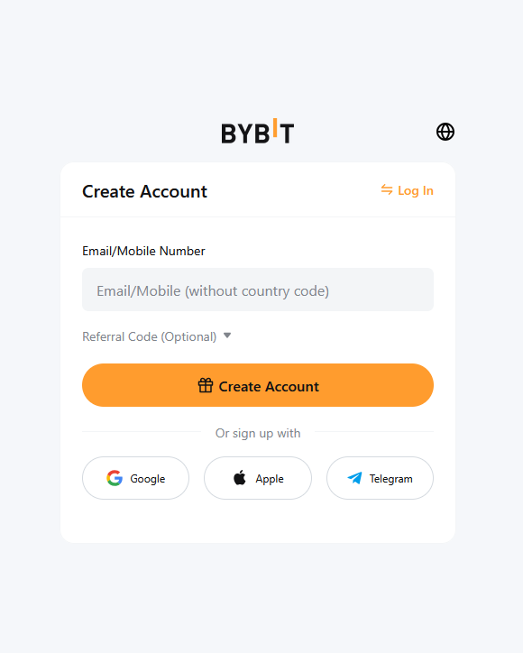 Bybit sign-up form showing email/mobile input field and Referral Code optional section