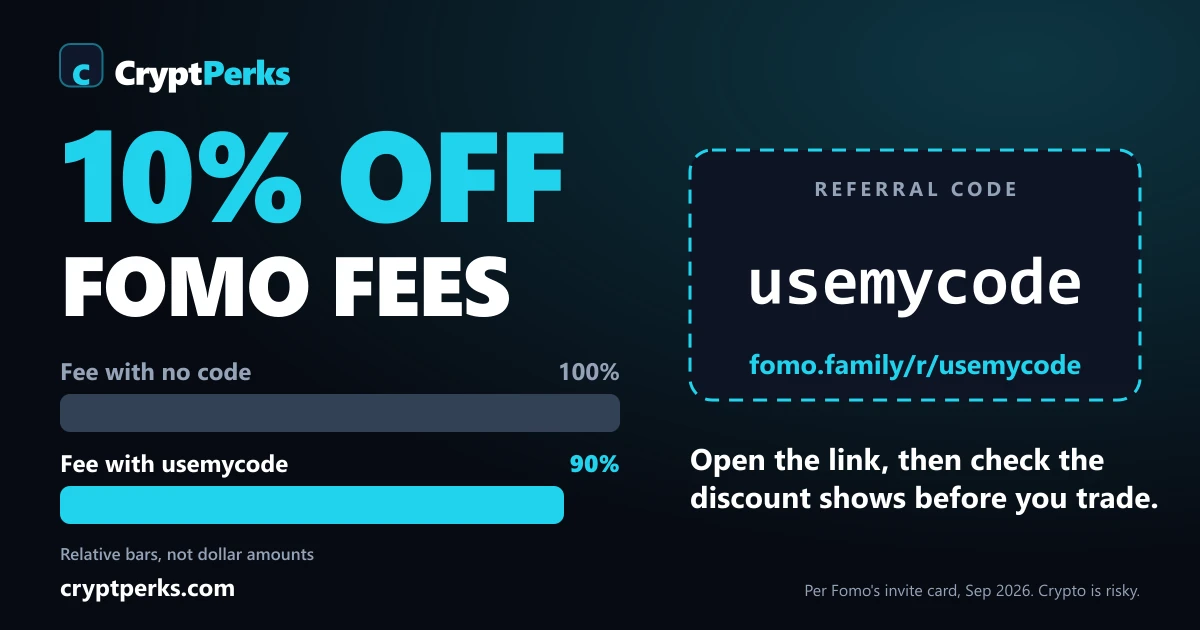 CryptPerks graphic: 10% off Fomo fees with code usemycode, shown as a fee bar at 100% without a code and 90% with it