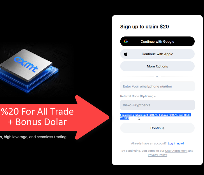 MEXC sign-up form showing 20% fee sharing on Spot, Futures, and DEX+ trades