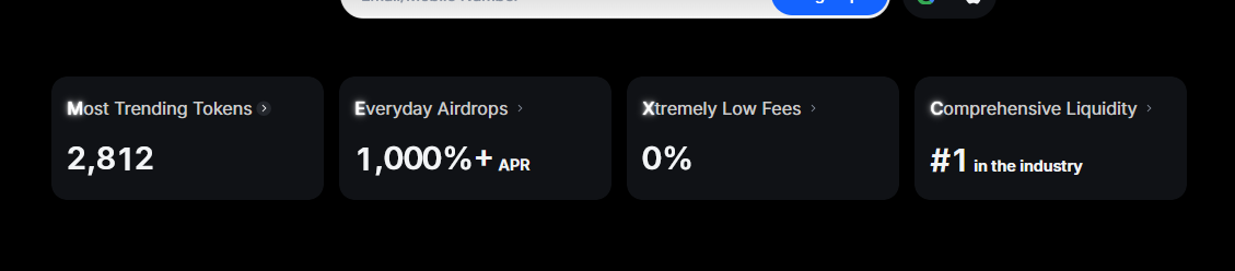 MEXC platform stats: 2,812 tokens listed, 1,000% APR on Launchpool, 0% spot fees, #1 liquidity