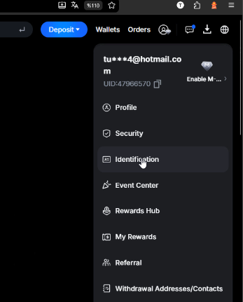 MEXC profile dropdown menu with the Identification option highlighted
