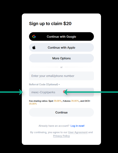 Referral code field on the MEXC sign-up form filled with mexc-cryptperks