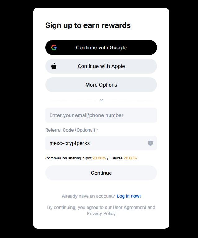 MEXC sign-up form with referral code mexc-Cryptperks pre-filled