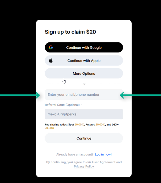 MEXC sign-up form with the email address field highlighted