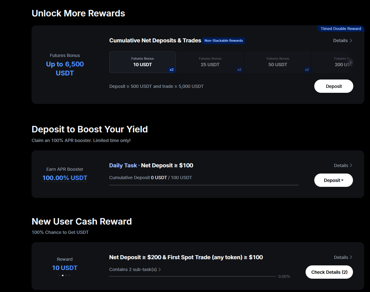 MEXC Rewards Hub showing Unlock More Rewards panel with cash reward and deposit boost tasks