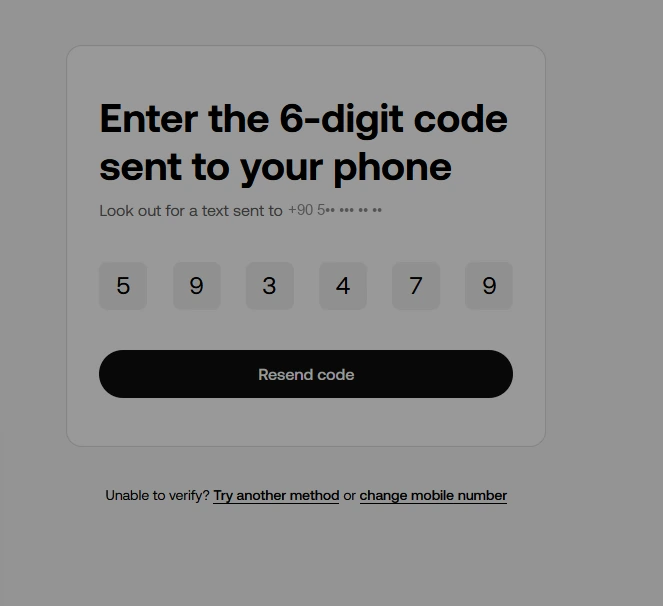 OKX phone verification screen showing 6-digit SMS code entry boxes
