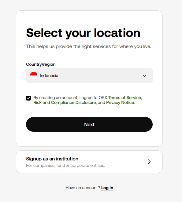OKX Select your location screen with Country/region dropdown and Terms of Service checkbox