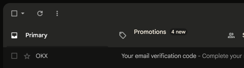 Gmail inbox showing the OKX email with the subject Your email verification code