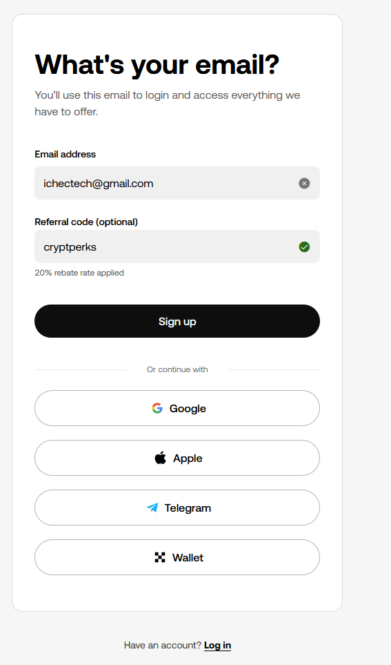 OKX sign-up form showing email field and referral code cryptperks with green checkmark and 20% rebate rate applied